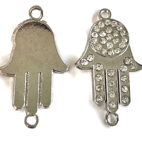 As Low As $2 Silvertone Fatima Hamsa Hand Rhinestone Crystal Charm Connector - Picture 2 of 2